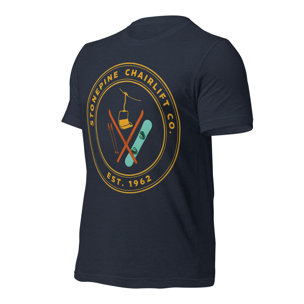 Stonepine Chairlift Co. retro vintage ski club badge t-shirt — Heather Navy, front-right