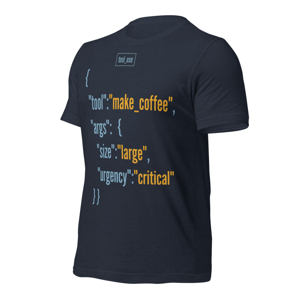 Tool Call Make Coffee AI engineer tee — Heather Navy, front-right