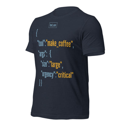 Tool Call Make Coffee AI engineer tee — Heather Navy, front-right