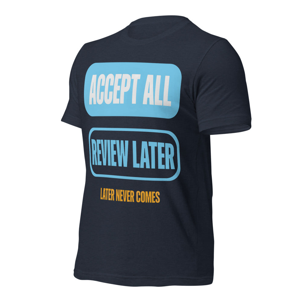 Accept All Review Later tee — Heather Navy, front-right