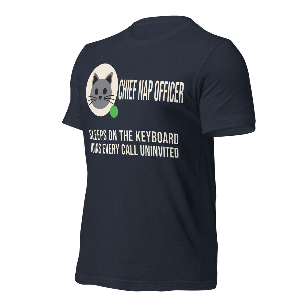 Chief Nap Officer cat profile card unisex t-shirt — Heather Navy, front-right
