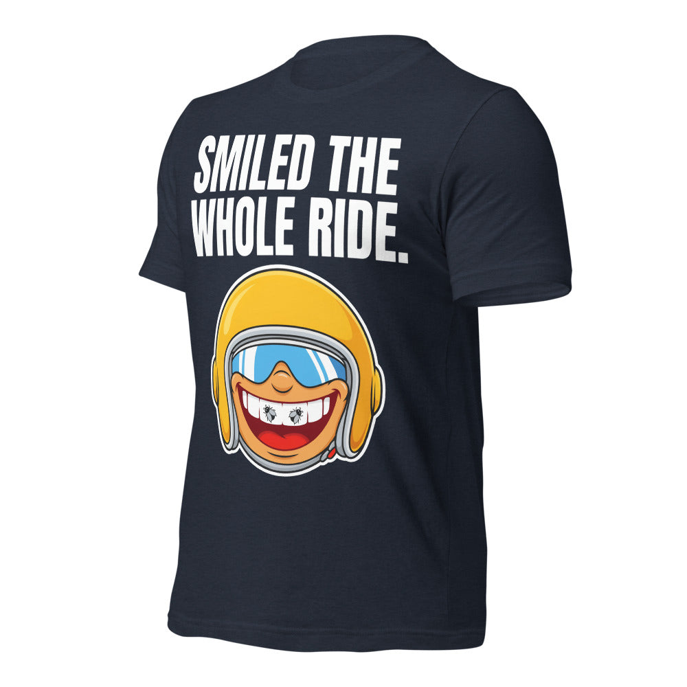 Smiled The Whole Ride funny motorcycle tee — Heather Navy, front-right