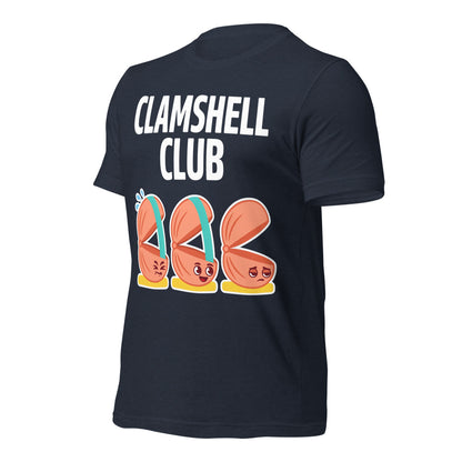 Clamshell Club funny physical therapy tee — Heather Navy, front-right