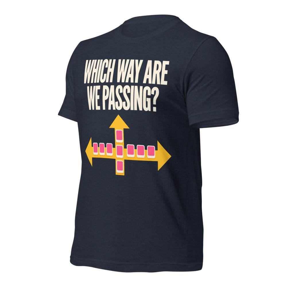 Which Way Are We Passing funny mahjong tee — Heather Navy, front-right