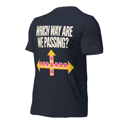 Which Way Are We Passing funny mahjong tee — Heather Navy, front-right