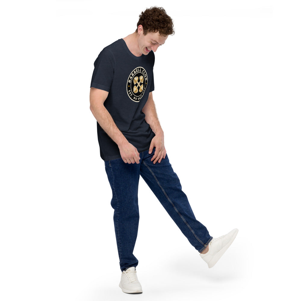 Barbell Club No Days Off vintage gym tee — Heather Navy, on model