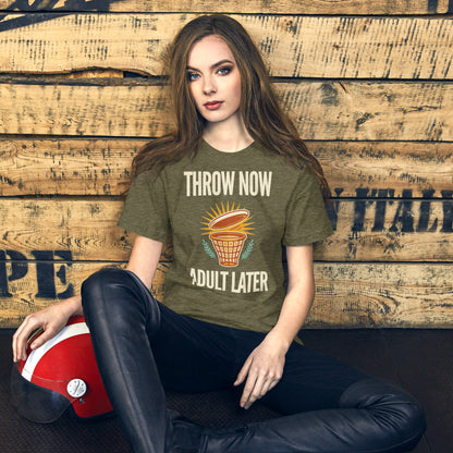 Throw Now Adult Later disc golf retro tee on model — Heather Olive