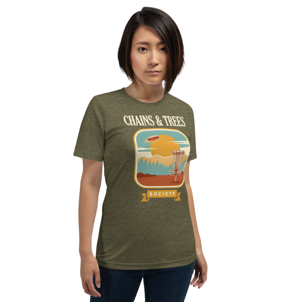 Chains & Trees Society disc golf retro landscape tee — Heather Olive, model