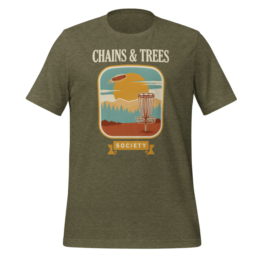 Chains & Trees Society disc golf retro landscape tee — Heather Olive, front