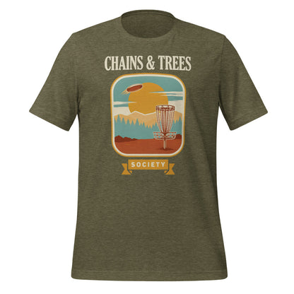 Chains & Trees Society disc golf retro landscape tee — Heather Olive, front