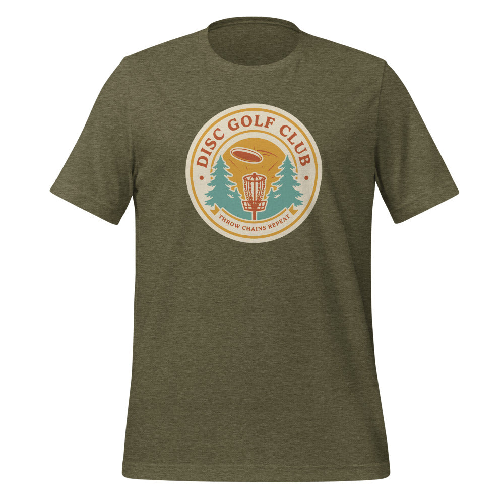 Disc Golf Club retro badge tee — Heather Olive, front