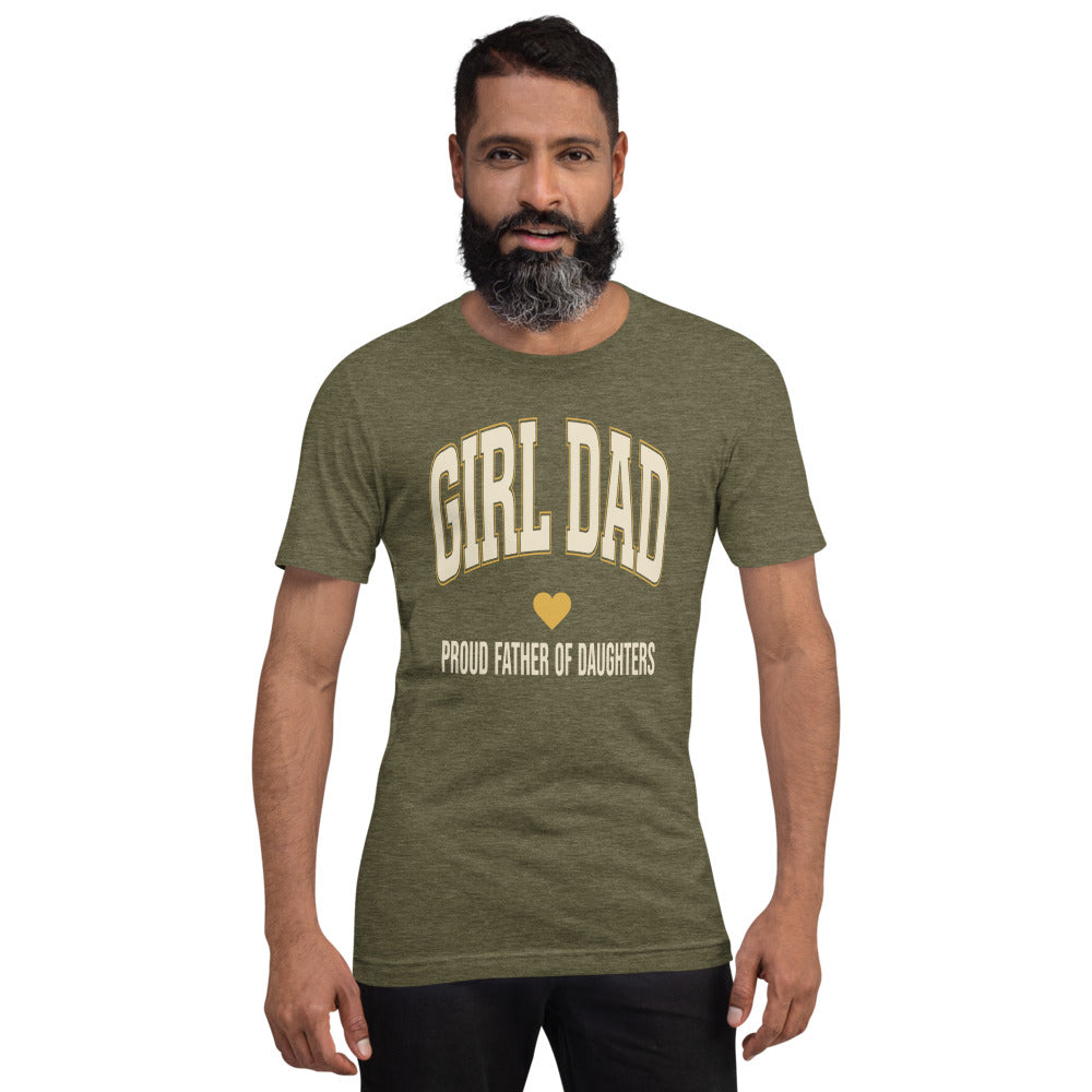 Girl Dad retro varsity tee — Heather Olive, on model