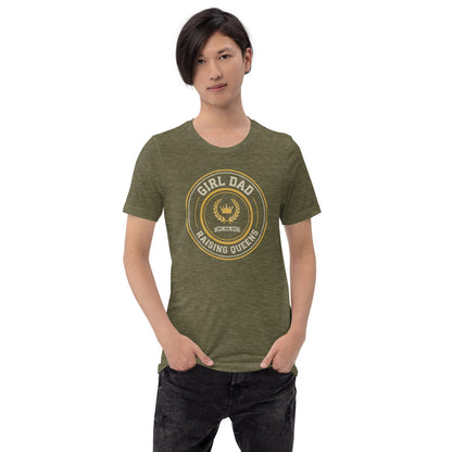 Girl Dad Raising Queens crest tee — Heather Olive, on model