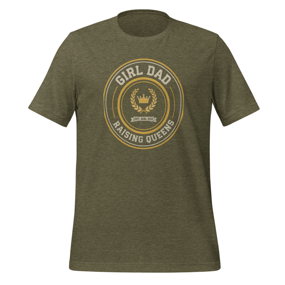 Girl Dad Raising Queens crest tee — Heather Olive, front