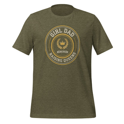 Girl Dad Raising Queens crest tee — Heather Olive, front