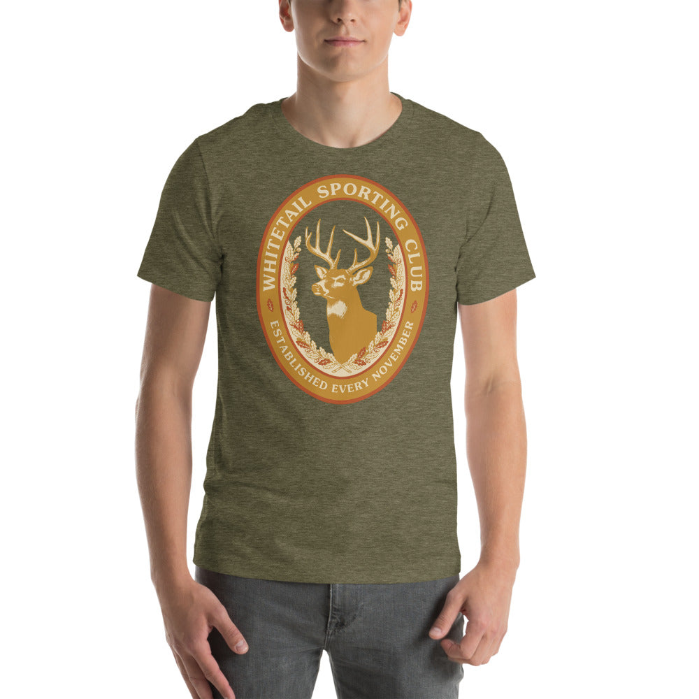 Whitetail Sporting Club vintage deer hunting tee — Heather Olive, on model