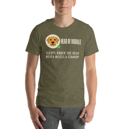 Head of Morale dog profile card unisex t-shirt — Heather Olive, on model