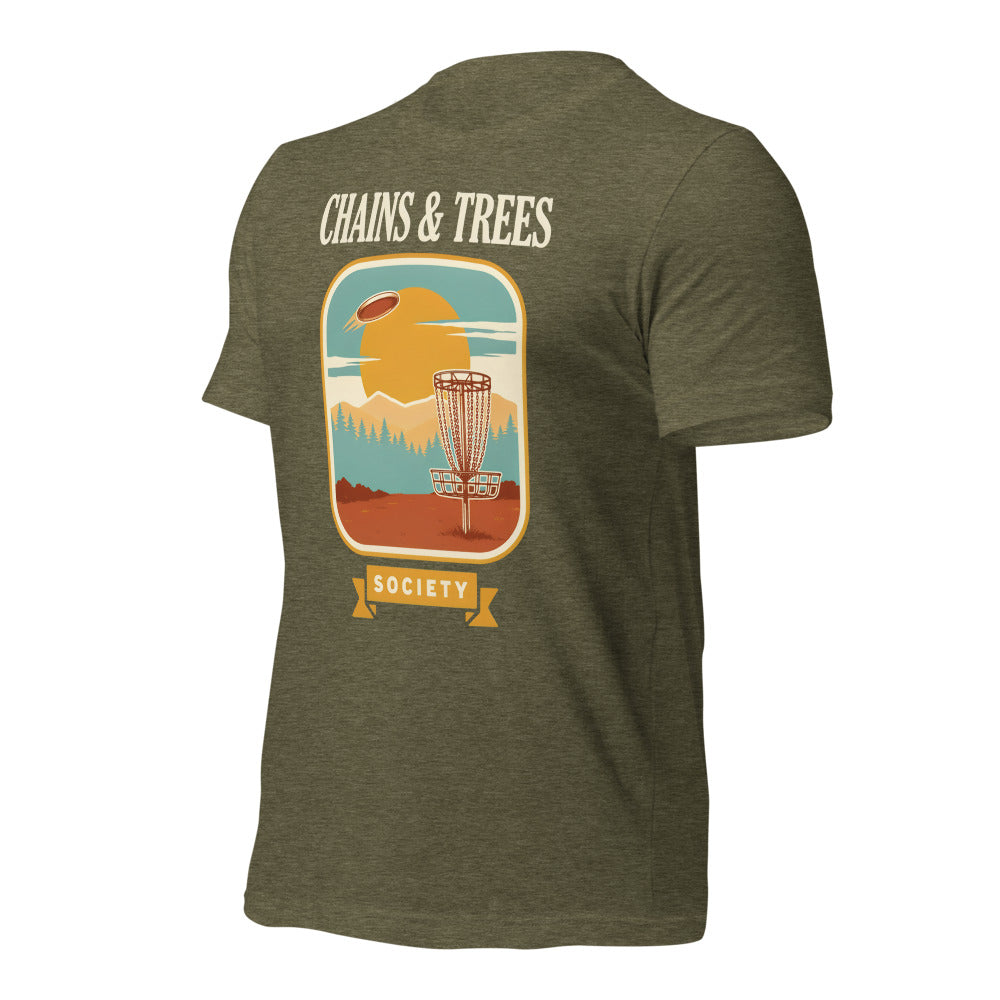 Chains & Trees Society disc golf retro landscape tee — Heather Olive, front right