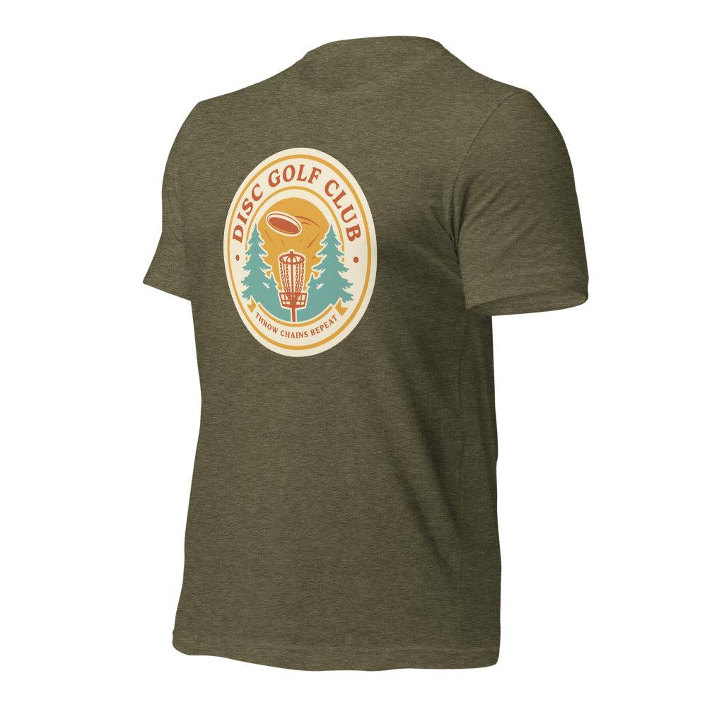 Disc Golf Club retro badge tee — Heather Olive, front-right