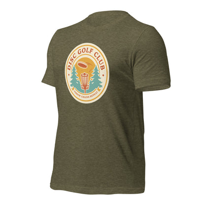 Disc Golf Club retro badge tee — Heather Olive, front-right