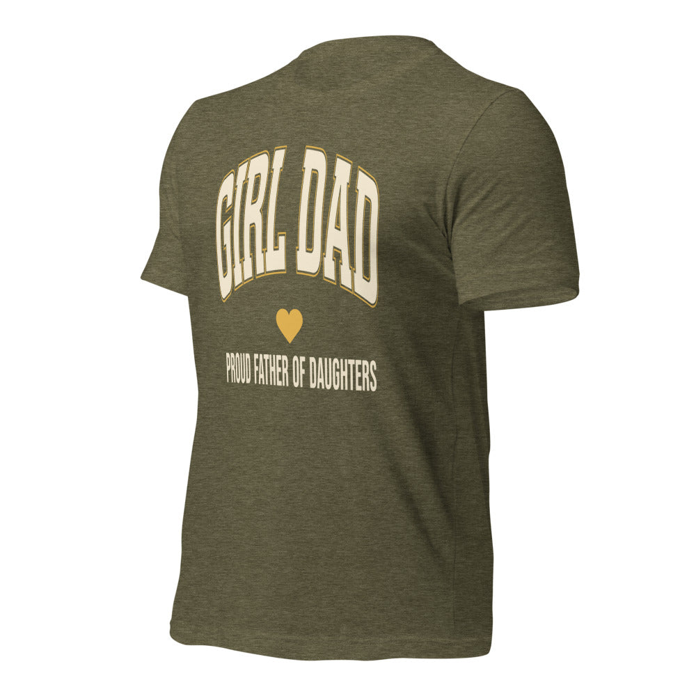 Girl Dad retro varsity tee — Heather Olive, front-right