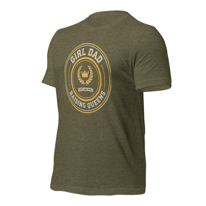 Girl Dad Raising Queens crest tee — Heather Olive, front-right