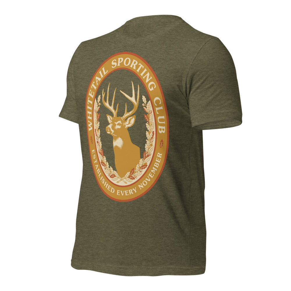 Whitetail Sporting Club vintage deer hunting tee — Heather Olive, front-right
