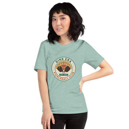 Dink Era Pickleball Club tee — Heather Prism Dusty Blue, on model