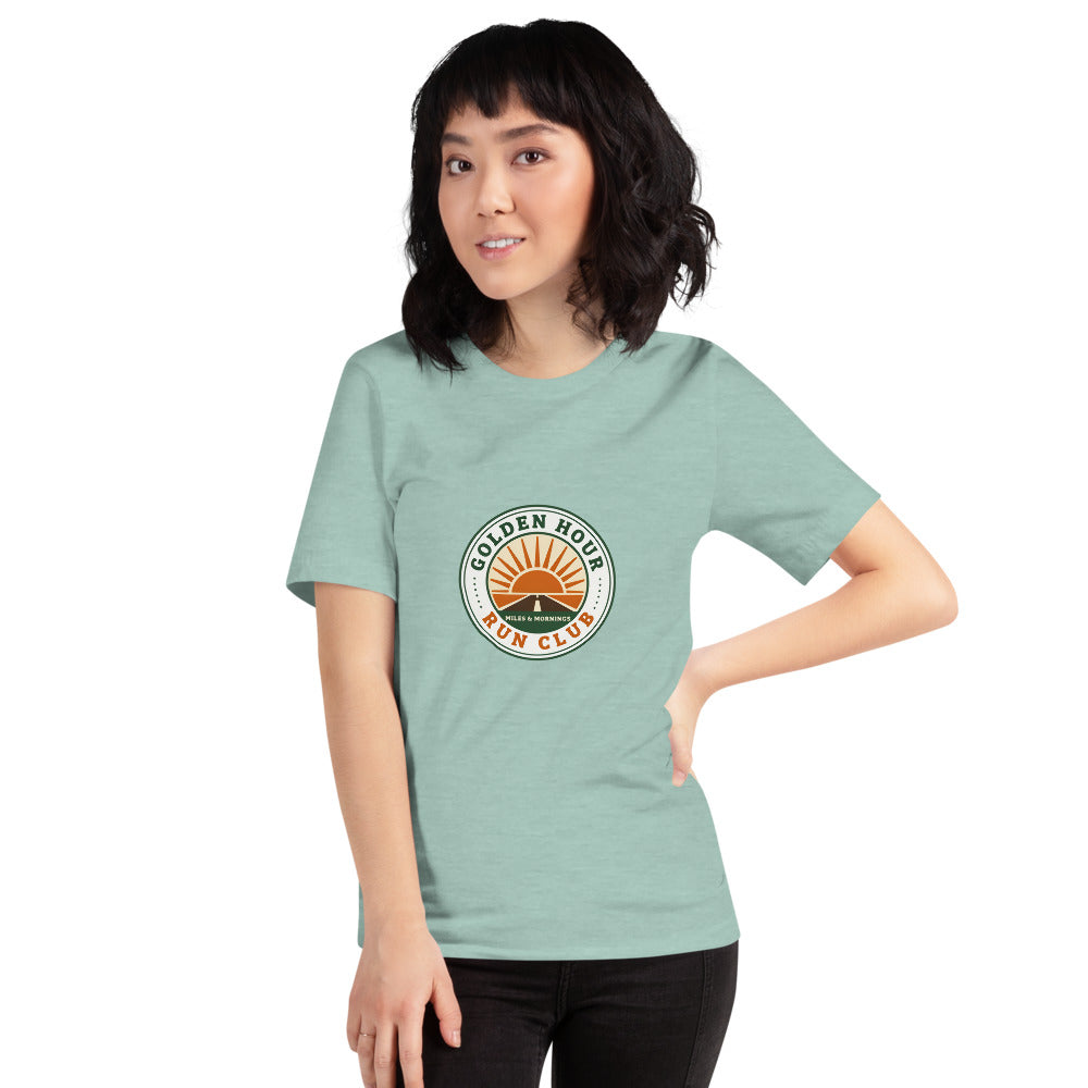Golden Hour Run Club retro running tee — Heather Prism Dusty Blue, on model