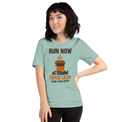 Run Now Coffee Later funny running tee — Heather Prism Dusty Blue, on model