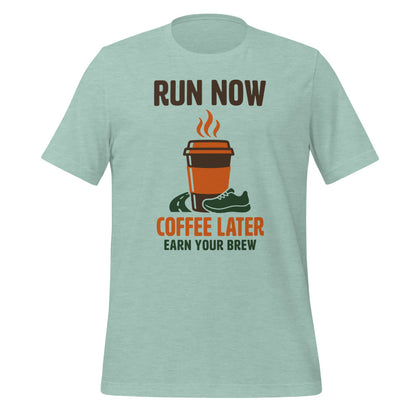 Run Now Coffee Later funny running tee — Heather Prism Dusty Blue, front