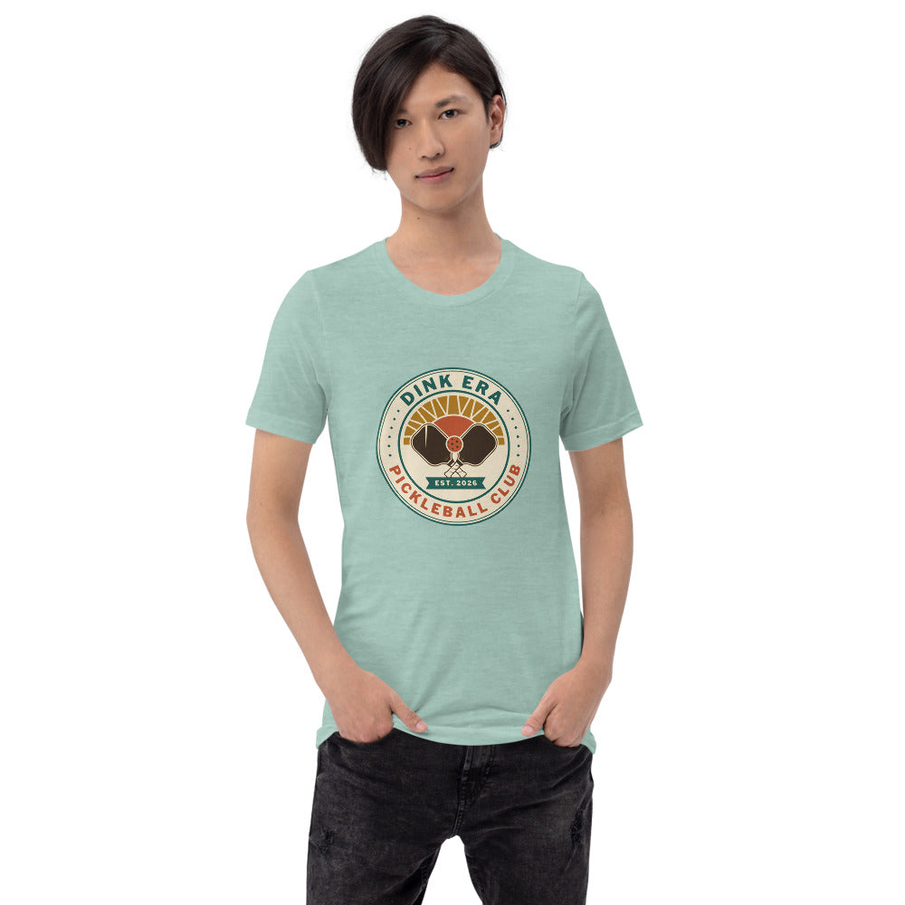 Dink Era Pickleball Club retro tee — Heather Prism Dusty Blue, on model
