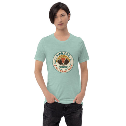 Dink Era Pickleball Club retro tee — Heather Prism Dusty Blue, on model