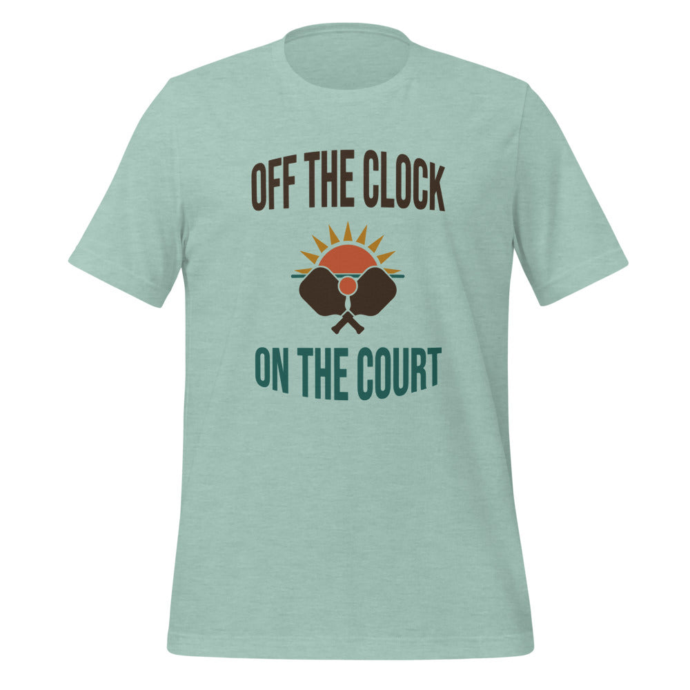 Off The Clock On The Court retro pickleball tee — HP Dusty Blue, front