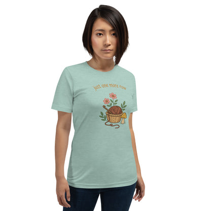 Just One More Row crochet cottagecore tee — Heather Prism Dusty Blue, on model