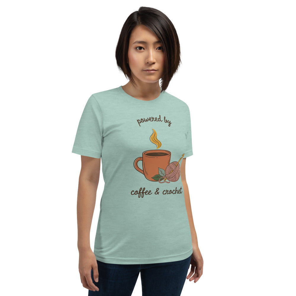 Powered by Coffee and Crochet cottagecore crochet tee — Heather Prism Dusty Blue, on model