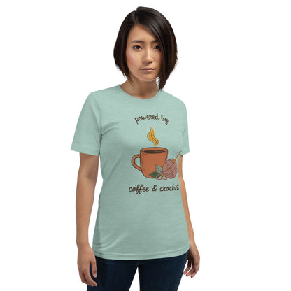 Powered by Coffee and Crochet cottagecore crochet tee — Heather Prism Dusty Blue, on model