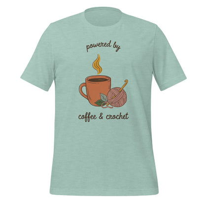 Powered by Coffee and Crochet cottagecore crochet tee — Heather Prism Dusty Blue, front