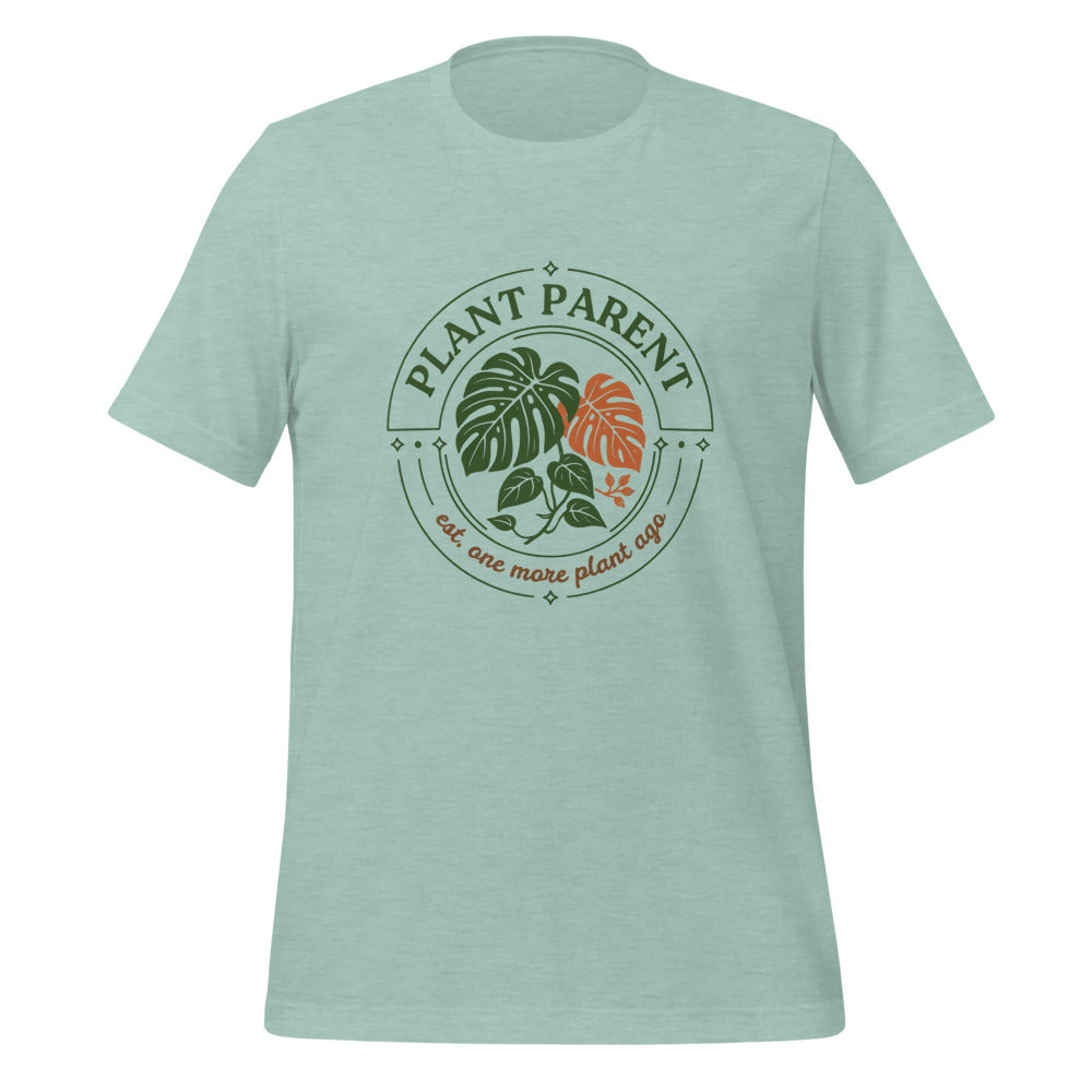 Plant Parent retro botanical badge tee — Heather Prism Dusty Blue, front