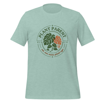 Plant Parent retro botanical badge tee — Heather Prism Dusty Blue, front