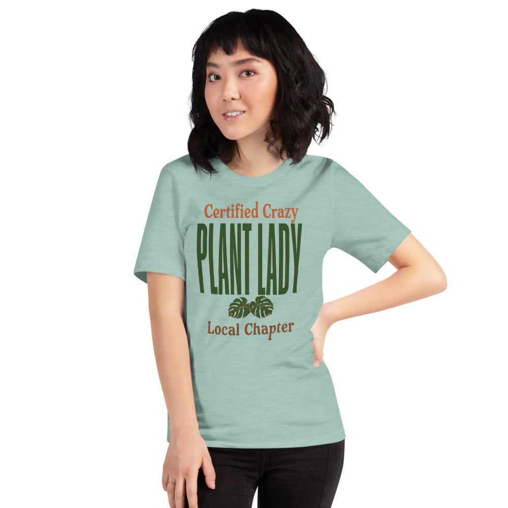 Certified Crazy Plant Lady retro botanical tee — Heather Prism Dusty Blue, on model