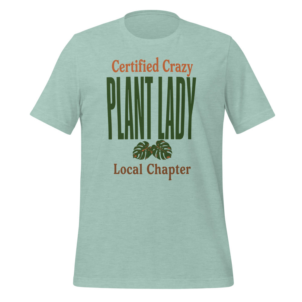 Certified Crazy Plant Lady retro botanical tee — Heather Prism Dusty Blue, front