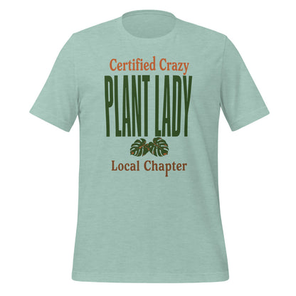 Certified Crazy Plant Lady retro botanical tee — Heather Prism Dusty Blue, front