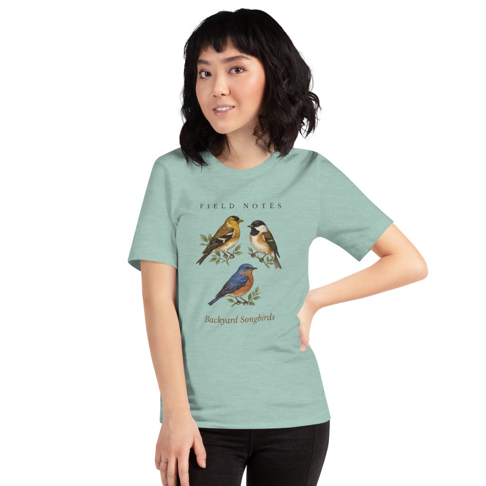 Backyard Songbirds vintage field-guide tee — Heather Prism Dusty Blue, on model