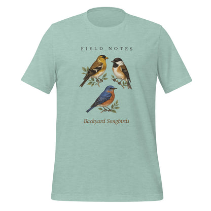 Backyard Songbirds vintage field-guide tee — Heather Prism Dusty Blue, front