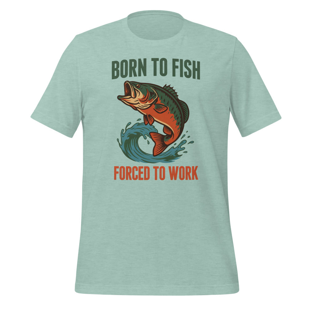 Born to Fish Forced to Work retro fishing humor tee — Heather Prism Dusty Blue, front
