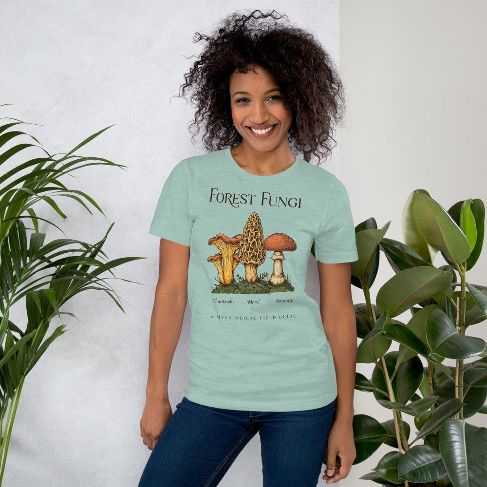 Forest Fungi vintage mushroom field guide tee — Heather Prism Dusty Blue, on model