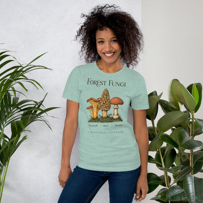 Forest Fungi vintage mushroom field guide tee — Heather Prism Dusty Blue, on model