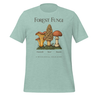 Forest Fungi vintage mushroom field guide tee — Heather Prism Dusty Blue, front