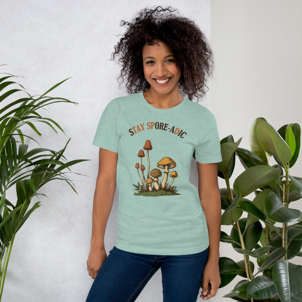 Stay Spore-adic funny vintage mushroom tee — Heather Prism Dusty Blue, on model